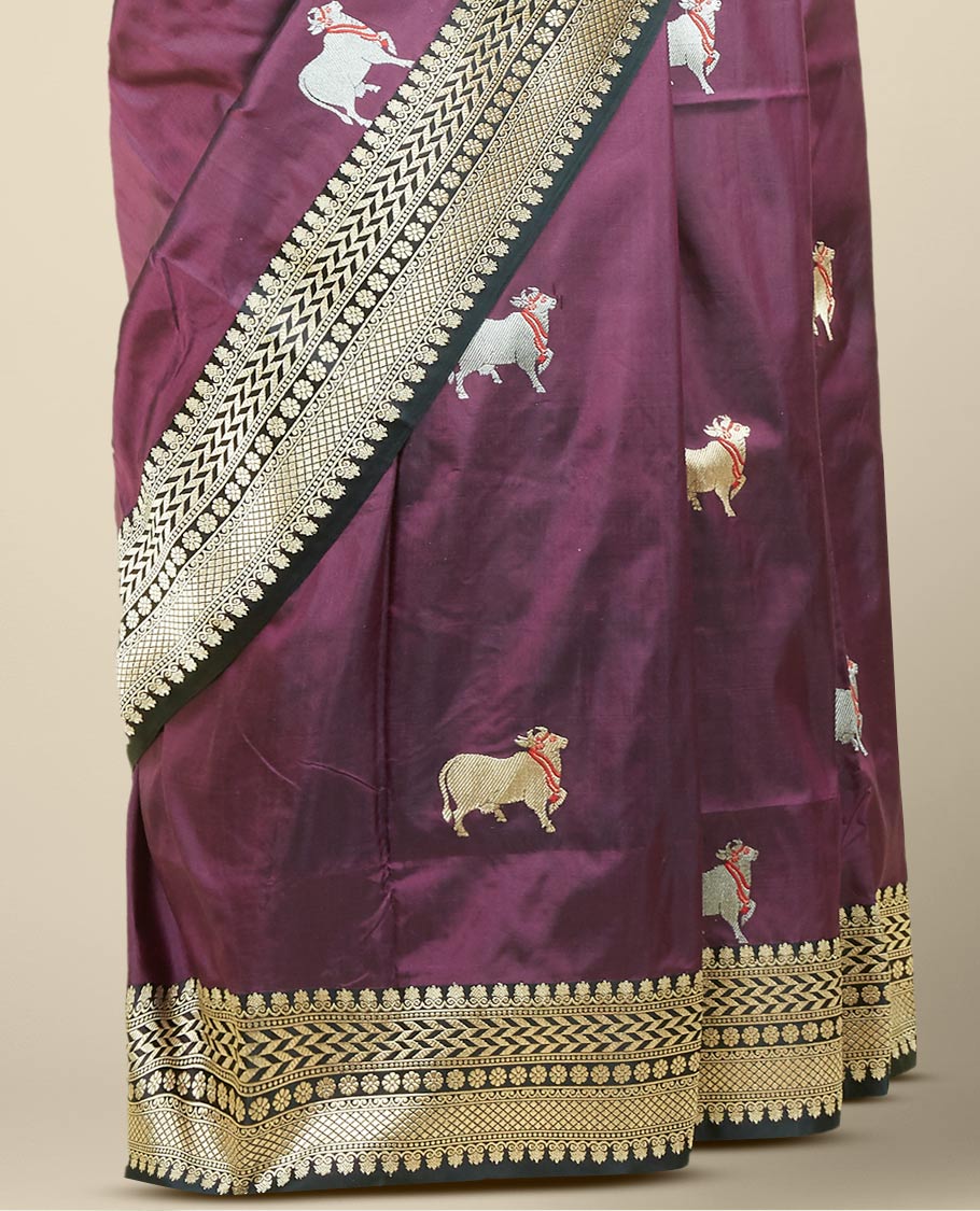 Maroon banaras kathaan silk saree with pichwai cow buttas, contrast traditional zari design border