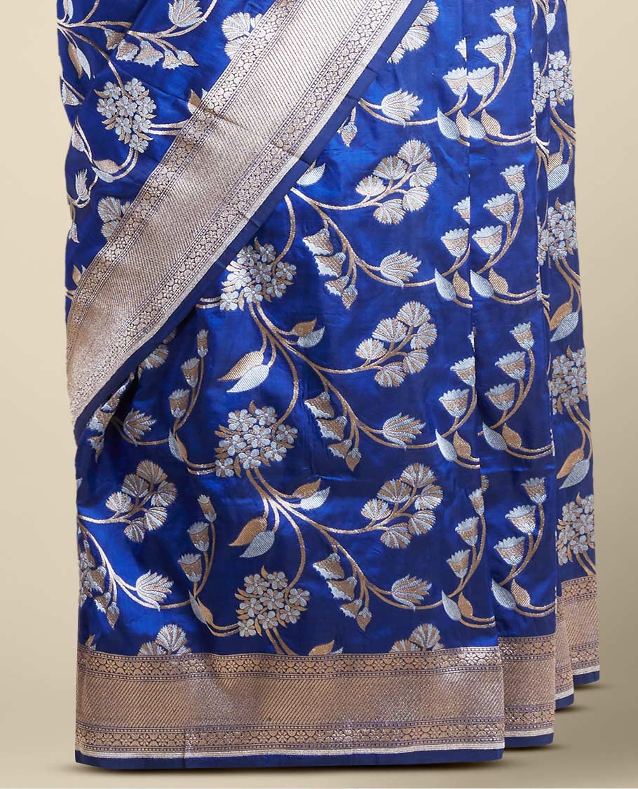 Blue floral jaal jacquard design pure banaras silk saree, zari-rich border of intricate design weave