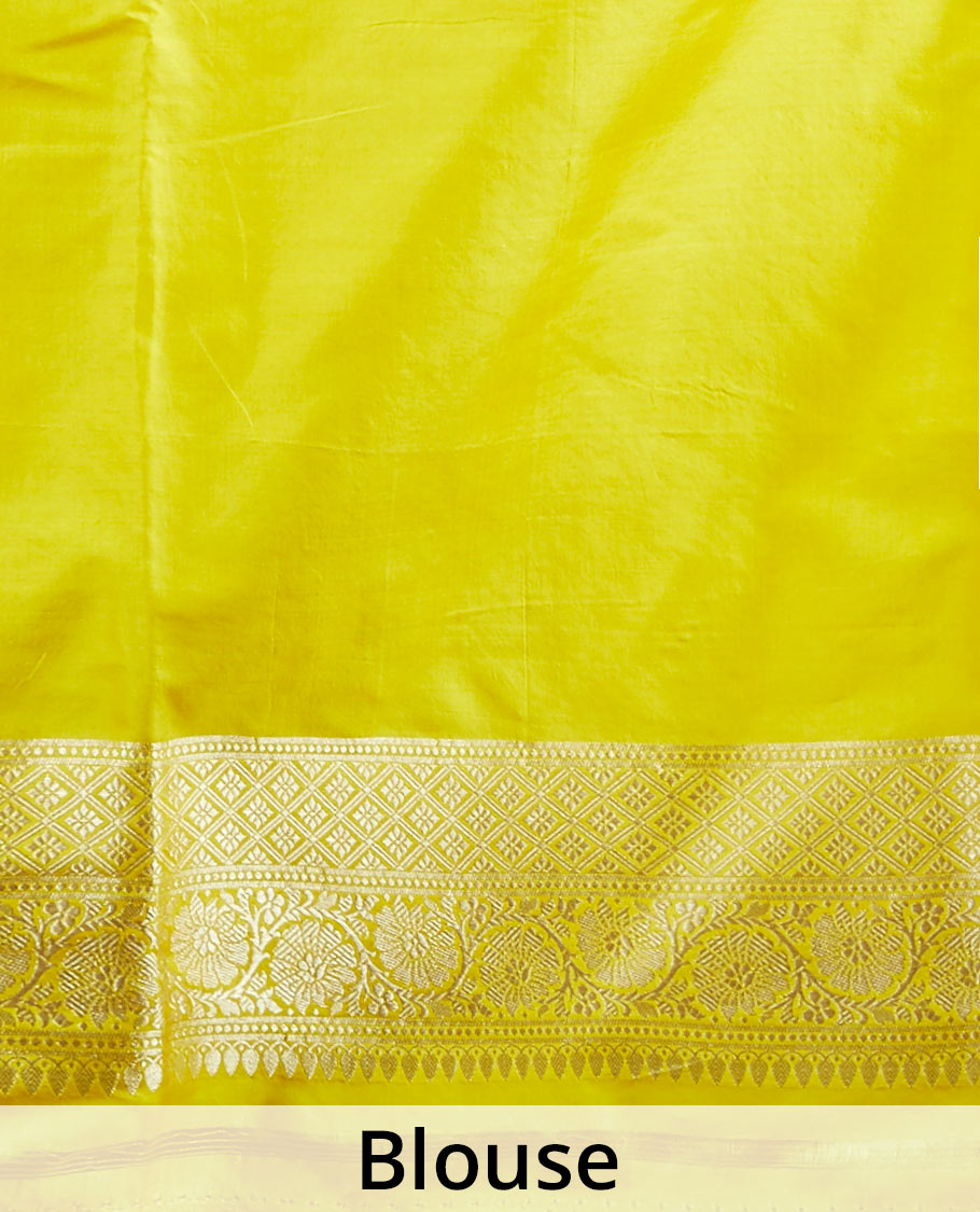 Yellow jacquard design pure banaras silk saree, zari-rich border of intricate design weave