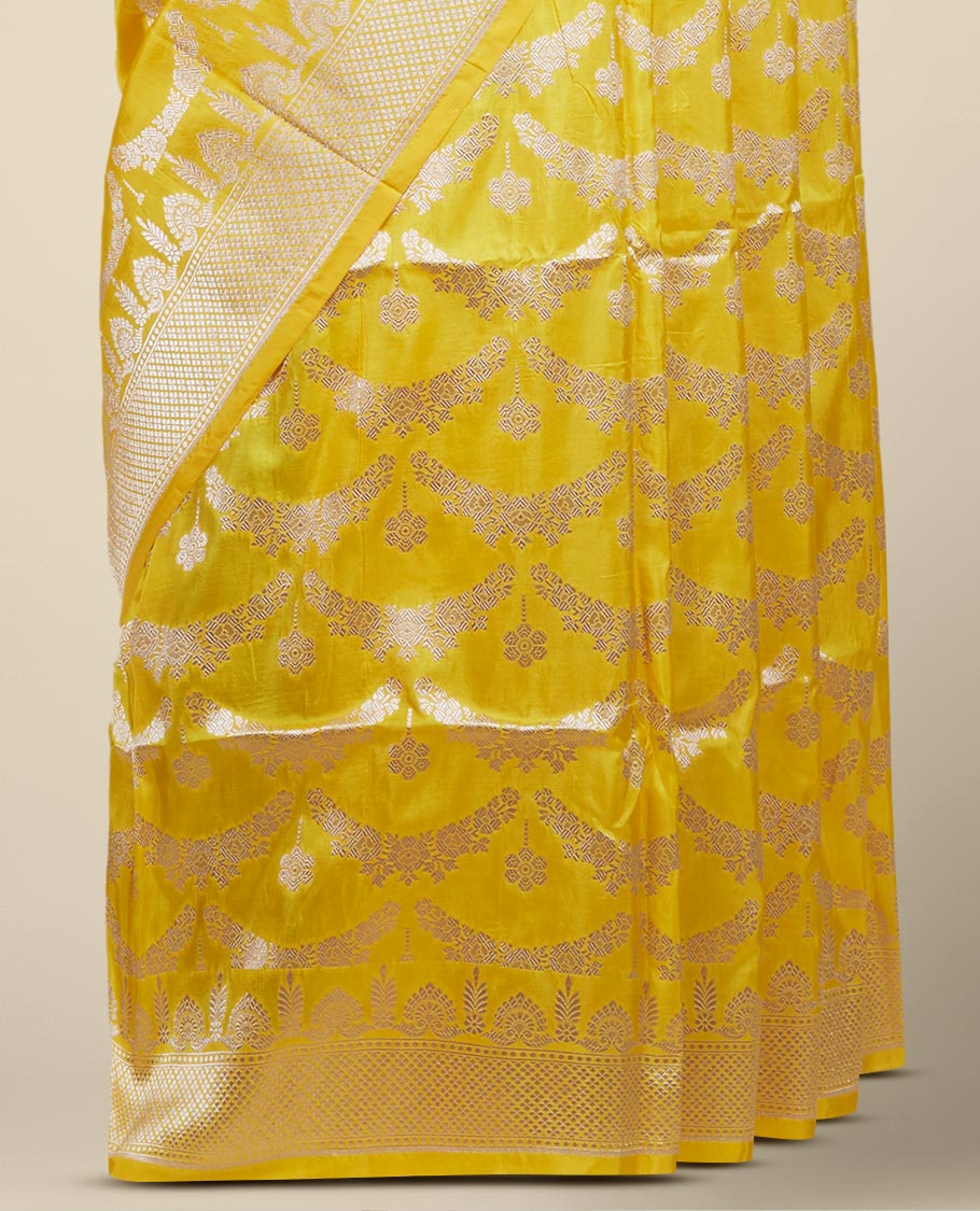 Yellow jacquard design pure banaras silk saree, zari-rich border of intricate design weave