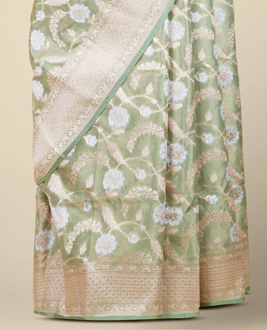 Green floral jaal jacquard design pure banaras silk saree, zari border of intricate designs
