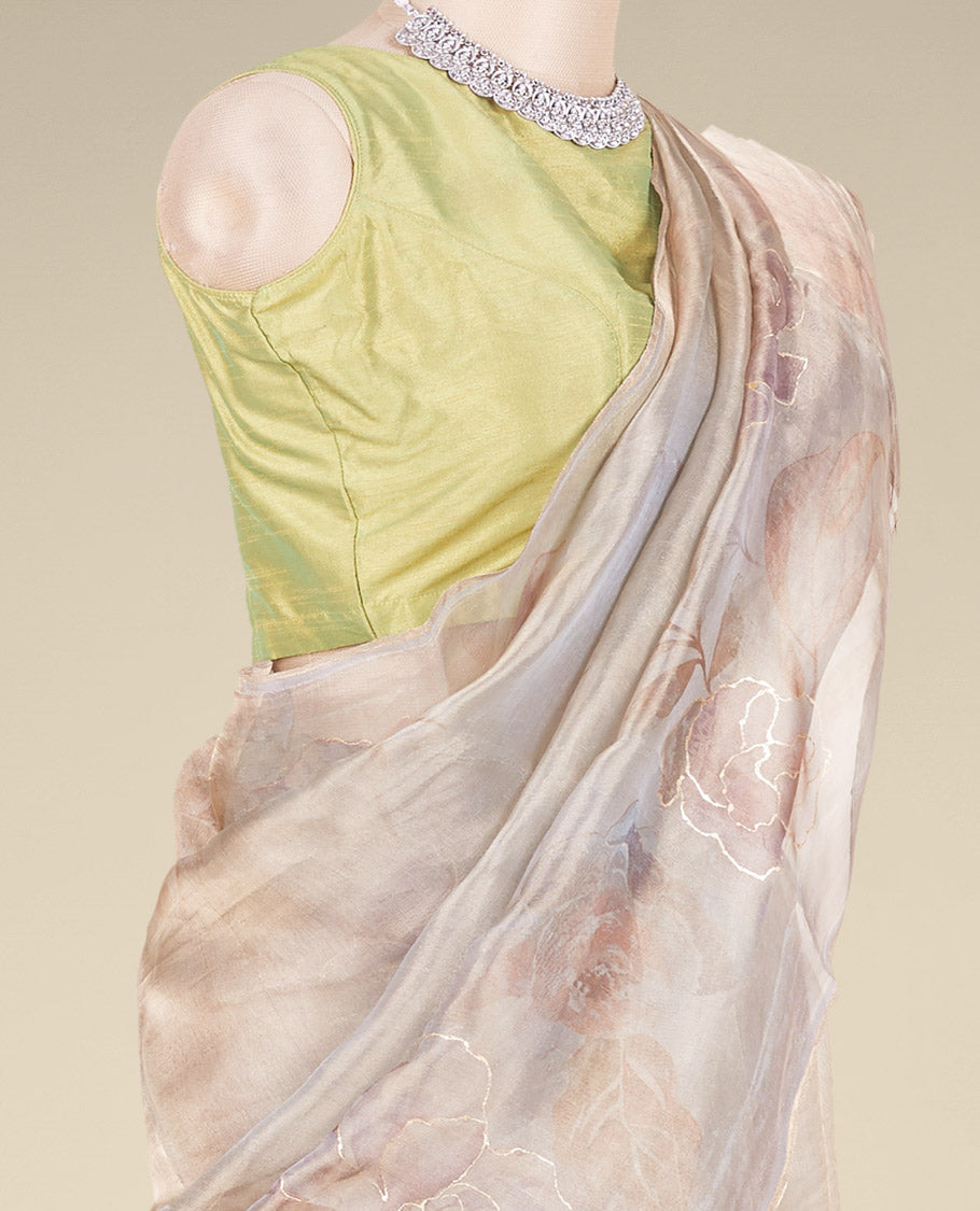 Borderless green floral printed & embroidered tissue silk saree