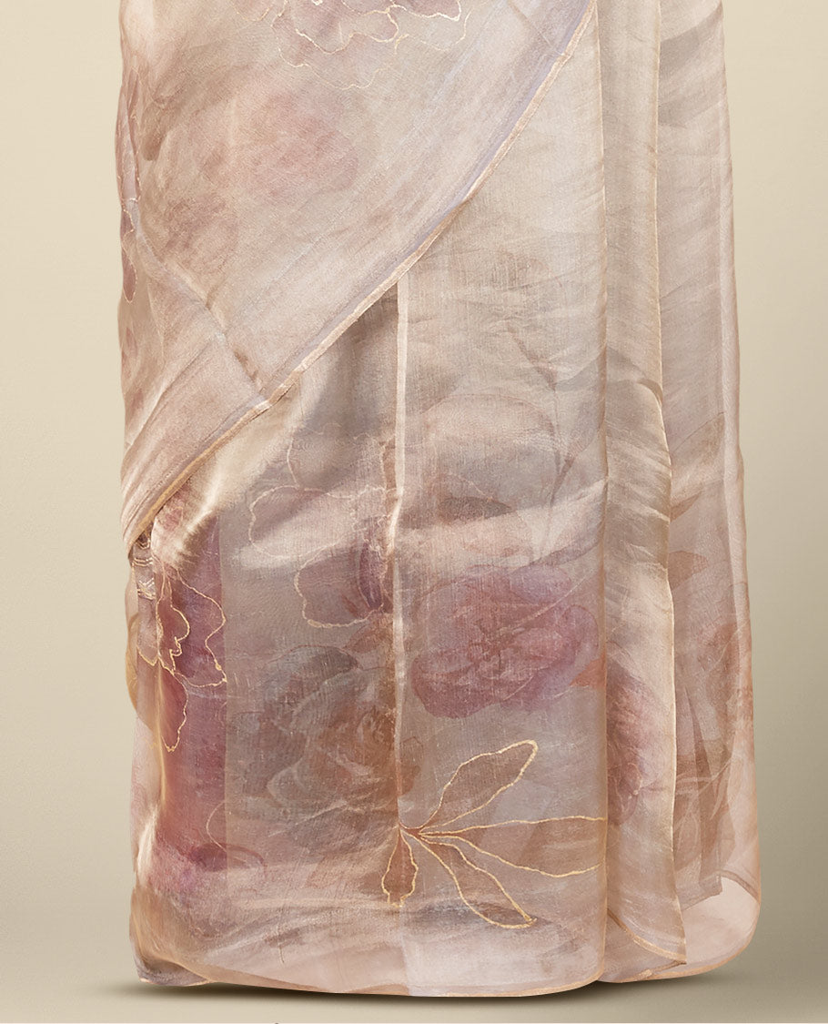 Borderless green floral printed & embroidered tissue silk saree