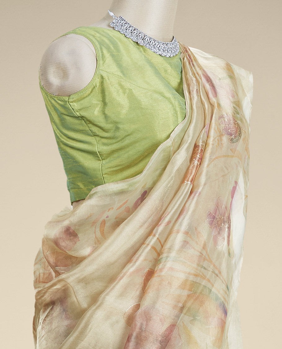 Borderless green colorful floral printed & embroidered tissue silk saree