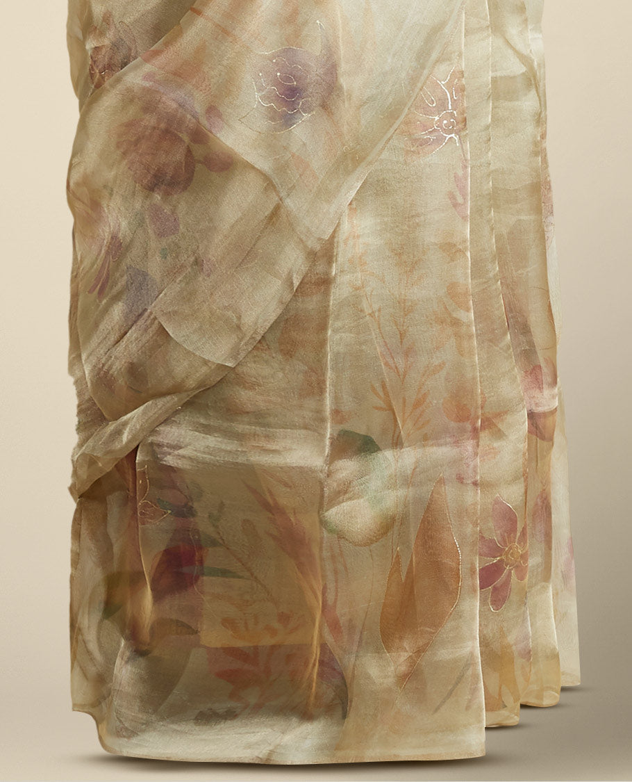 Borderless green colorful floral printed & embroidered tissue silk saree