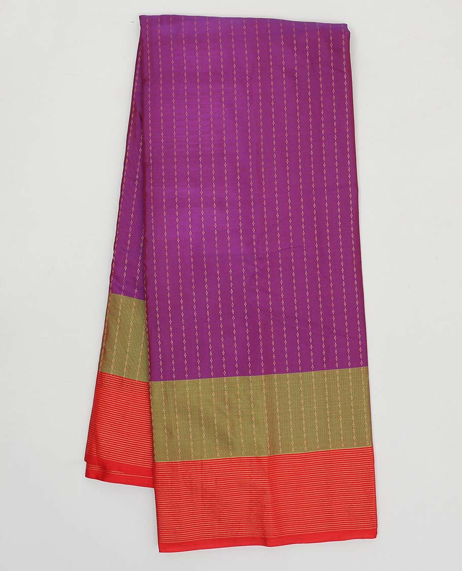 Purple unique buttas aarani gift saree, contrast border of stripes & buttas