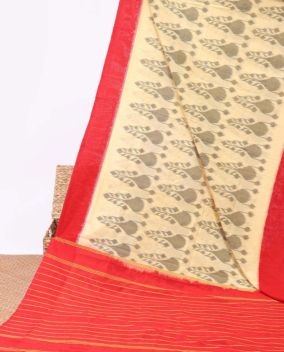Cream unique buttas ikkat cotton saree, contrast plain border & pallu of stripes