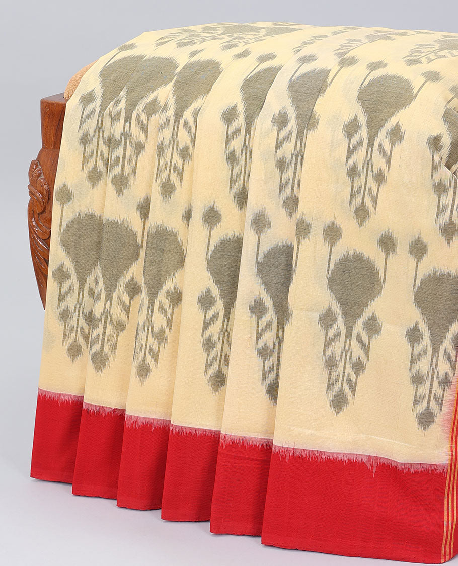 Cream unique buttas ikkat cotton saree, contrast plain border & pallu of stripes