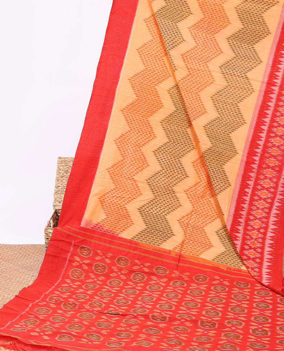 Orange chevron design ikkat cotton saree, contrast ikkat border & pallu of ikkat designs