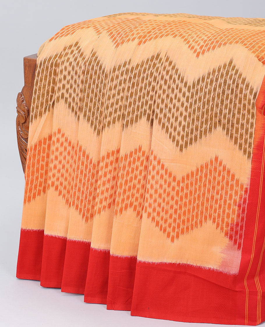 Orange chevron design ikkat cotton saree, contrast ikkat border & pallu of ikkat designs