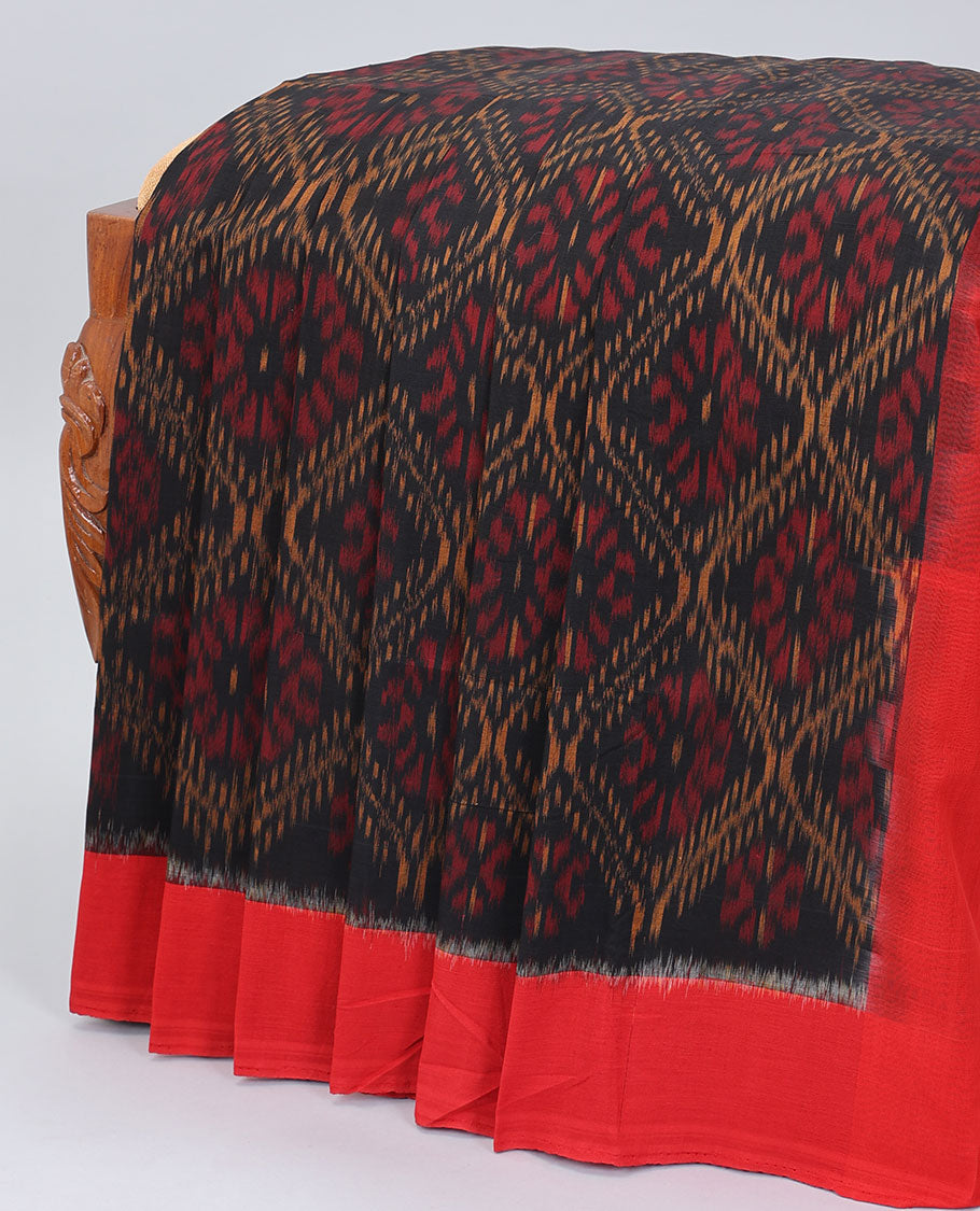 Black ogee patterned ikkat cotton saree, contrast border & pallu of ikkat designs