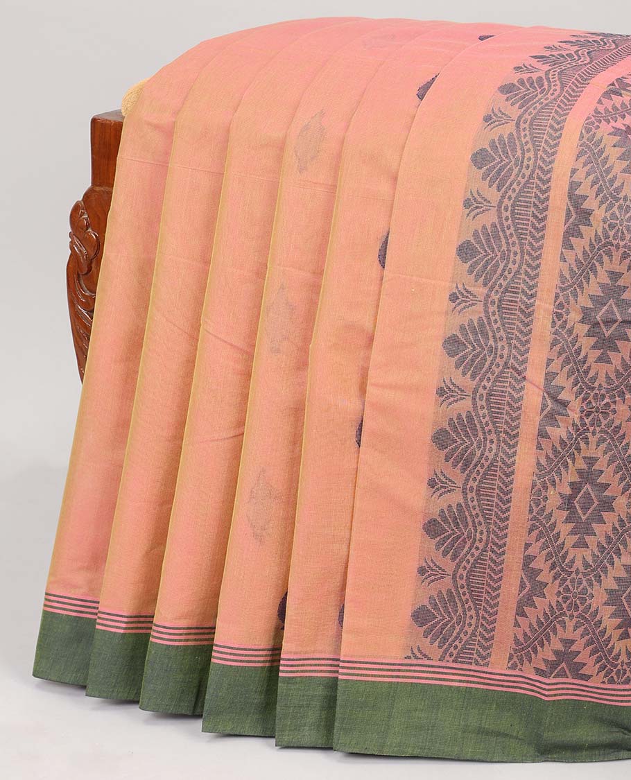 Pink dual-tone coimbatore cotton saree with buttas, contrast plain border & pallu of intricate designs