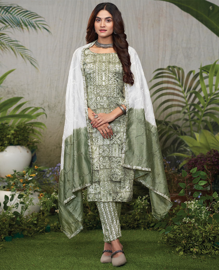 Green material catalog churidar, intricately printed top, geometric printed pant & floral embroidered dual-color dupatta