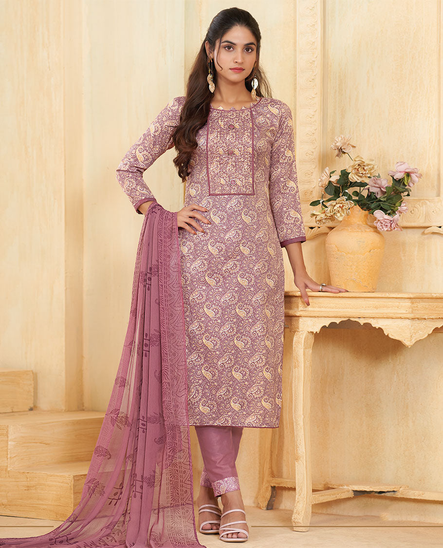 Purple material catalog churidar, paisley printed top, plain pants & uniquely printed dupatta