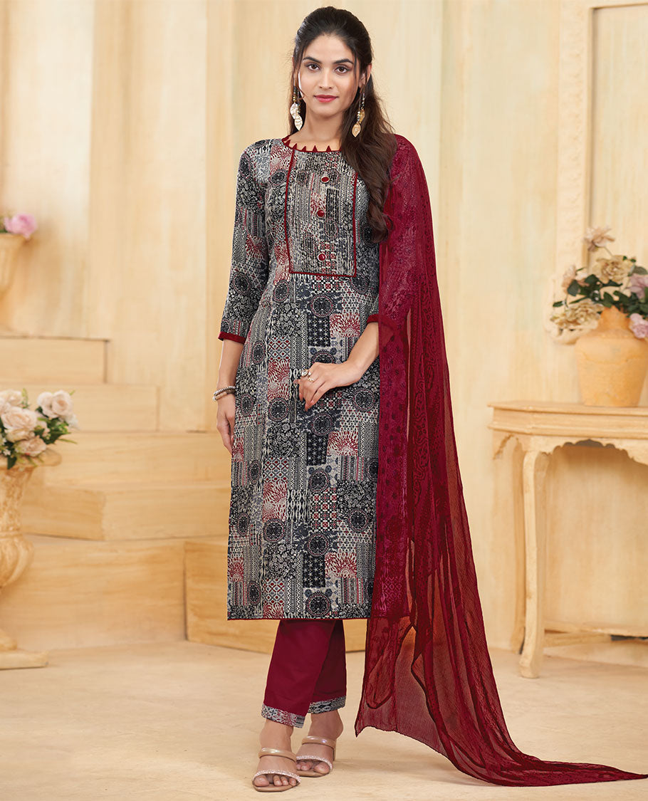Grey material catalog churidar, intricately printed top, contrast pants & uniquely printed dupatta