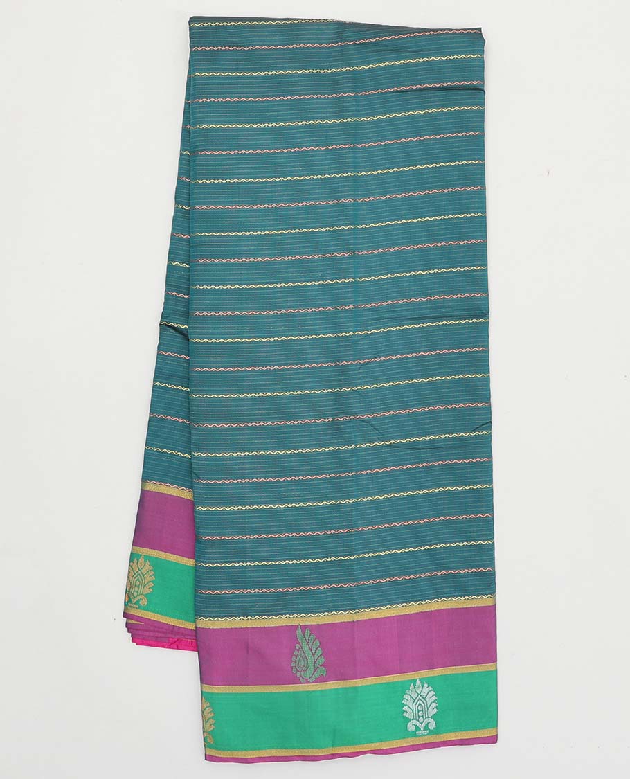 Blue zig-zag striped aarani gift saree, contrast unique motifs border