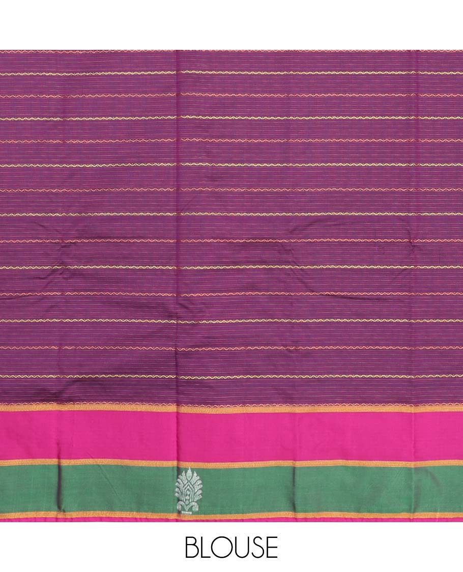 Blue zig-zag striped aarani gift saree, contrast unique motifs border