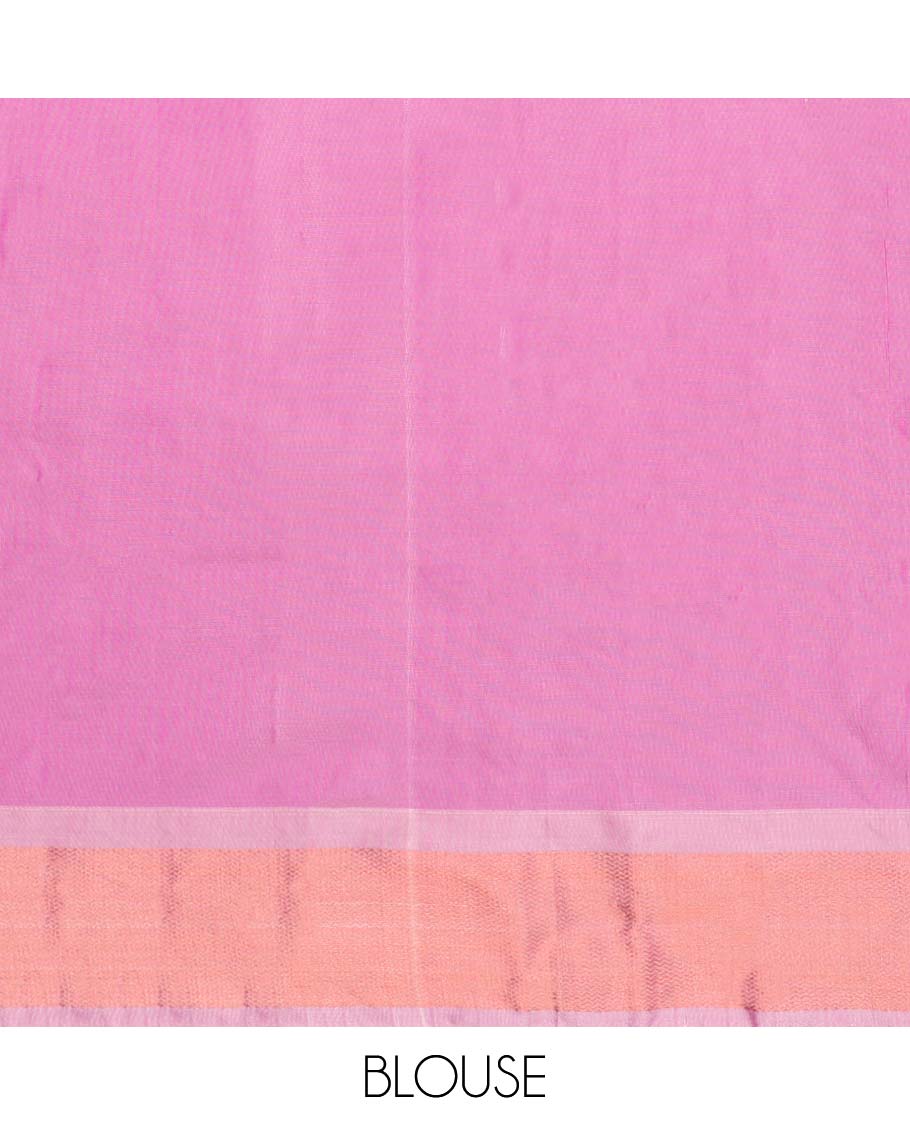Pink striped aarani gift saree, contrast zari border