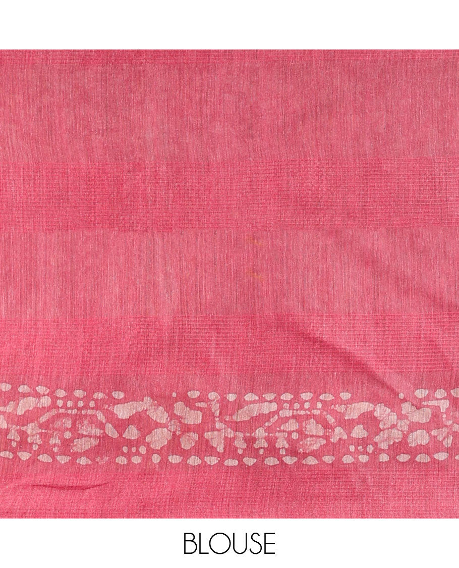 Grey linen cotton saree with batik-style floral vine, contrast border & pallu of batik printed
