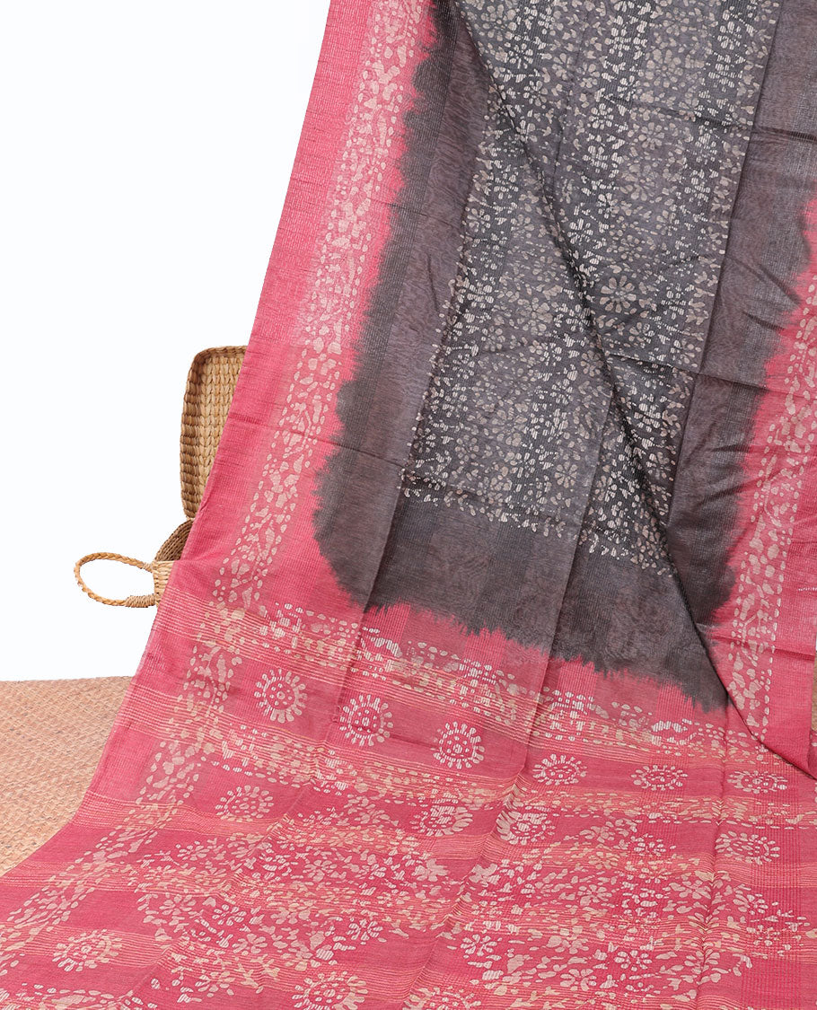 Grey linen cotton saree with batik-style floral vine, contrast border & pallu of batik printed
