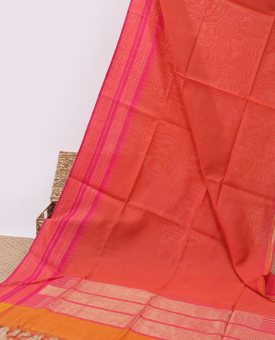 Orange micro-checked art dupion saree, contrast vidarbha striped border & traditional patterned pallu