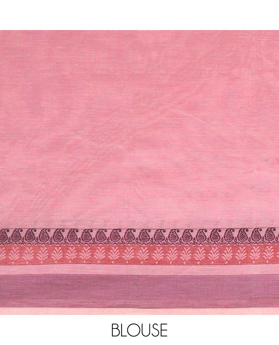 Pink Coimbatore cotton saree with floral buttas, traditional design border & pallu of paisleys