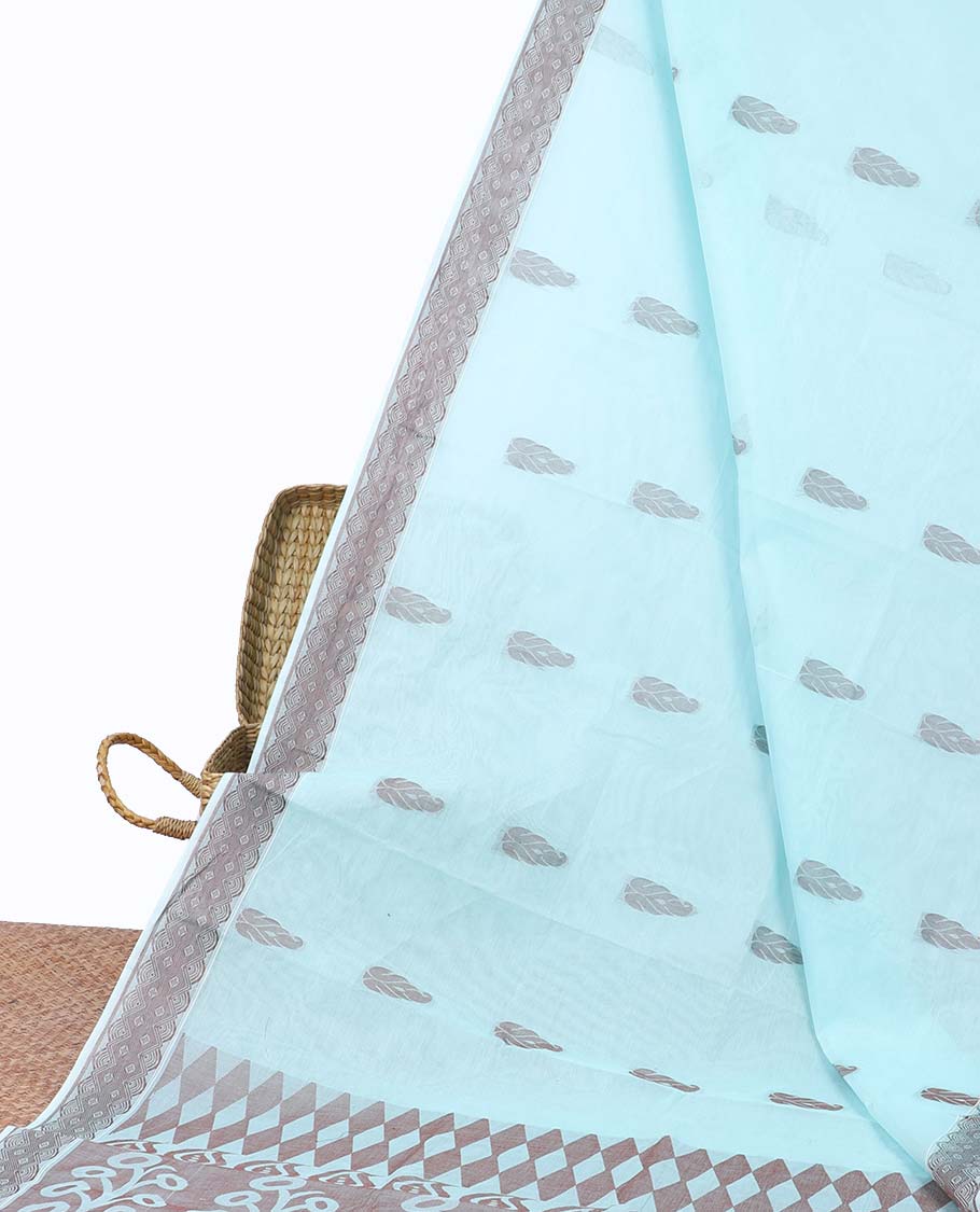 Blue coimbatore cotton saree with buttas, self-border & pallu of floral & geometric designs