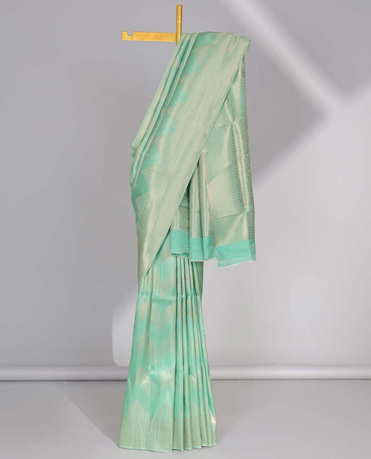 Turquoise chevron softy saree, traditional zari design border & pallu of intricate designs