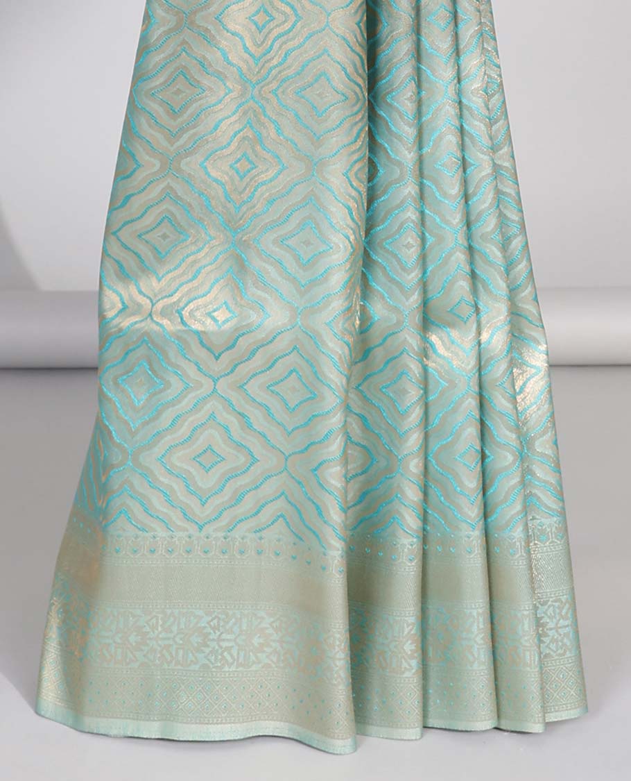 Blue geometric softy saree, geometric design border & pallu of jaal designs