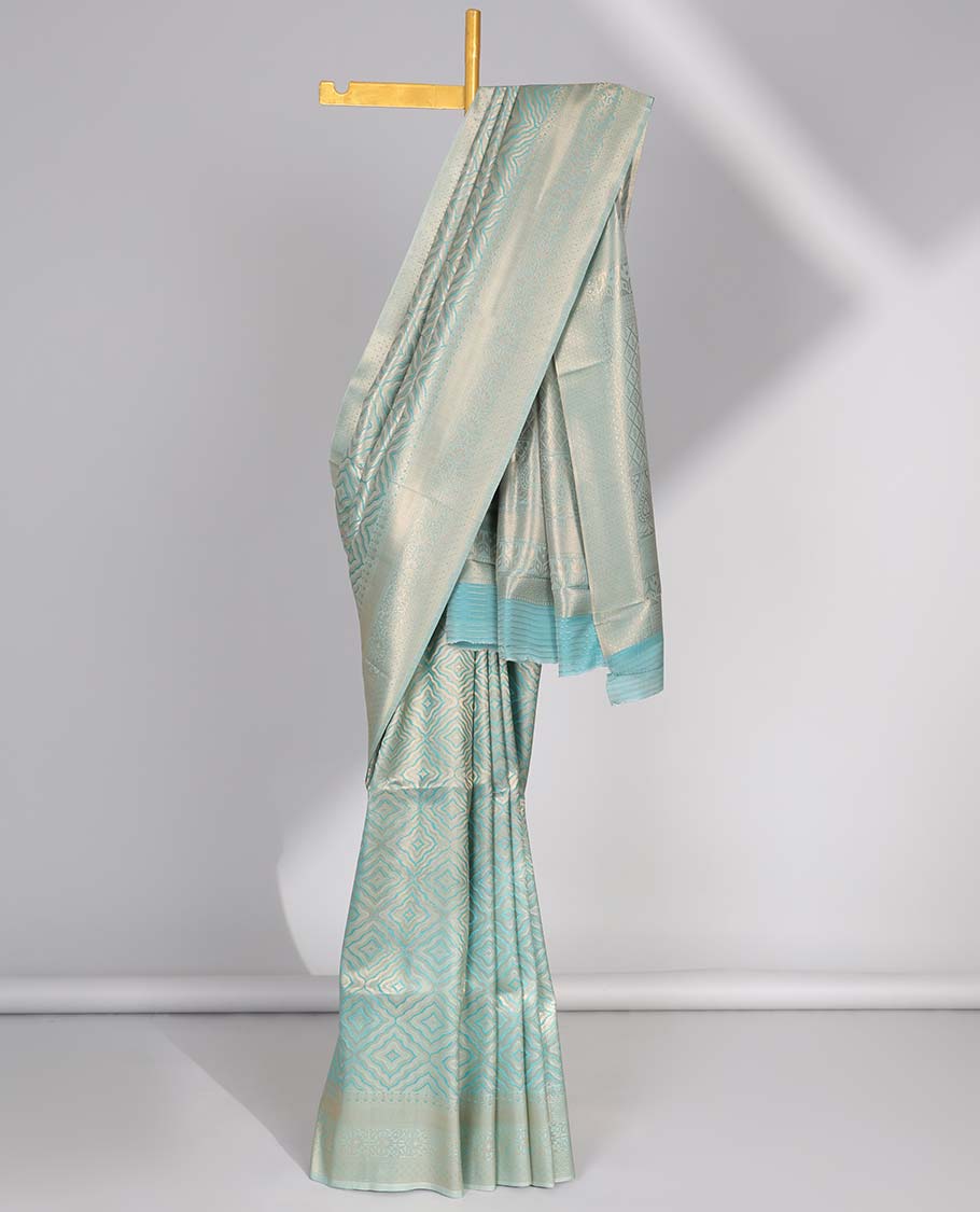 Blue geometric softy saree, geometric design border & pallu of jaal designs