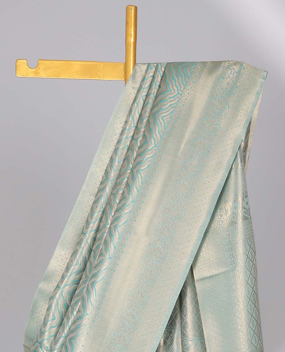Blue geometric softy saree, geometric design border & pallu of jaal designs