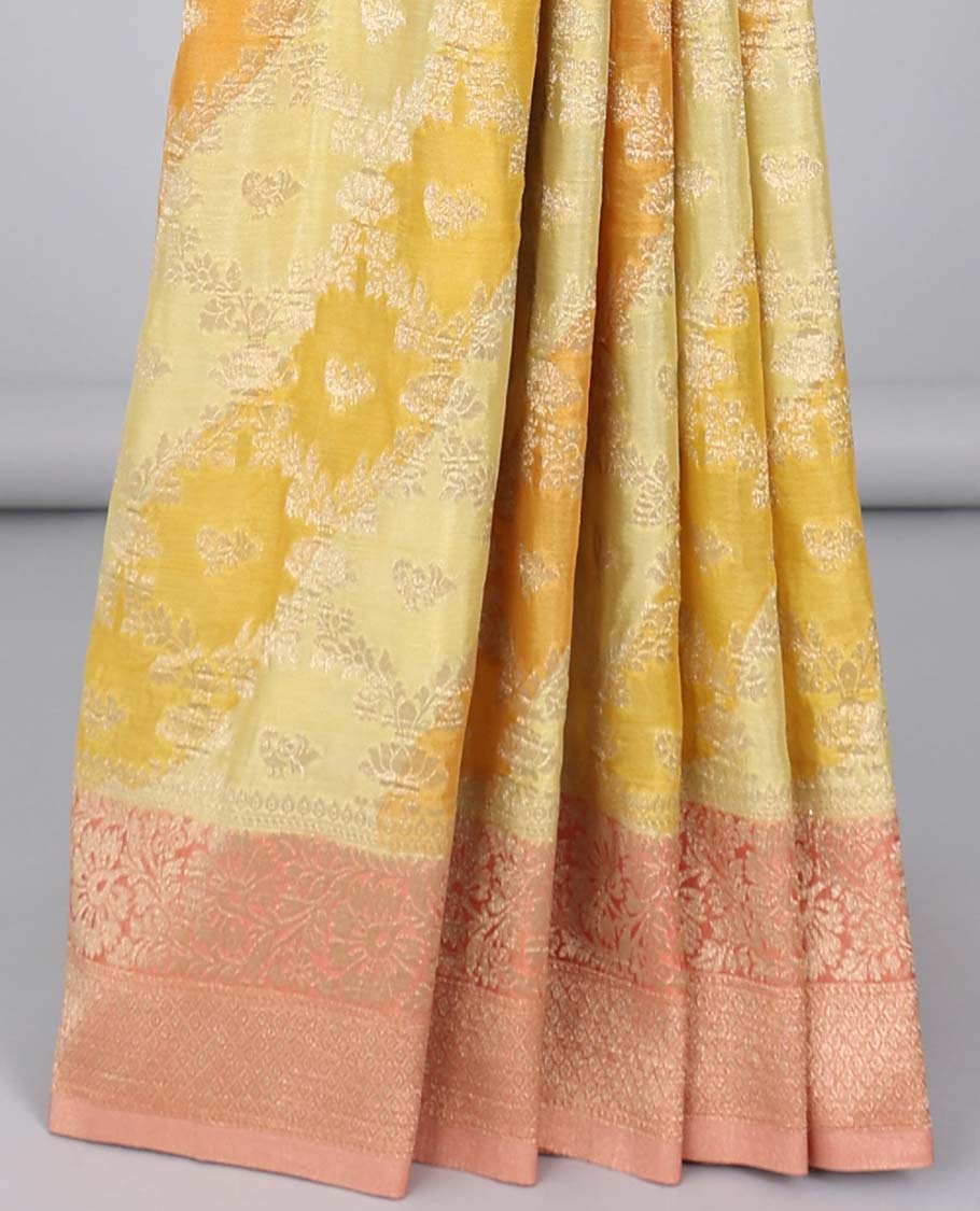 Multi-color rankat jacquard semi-banaras crepe saree, contrast traditional design border & pallu of intricate designs
