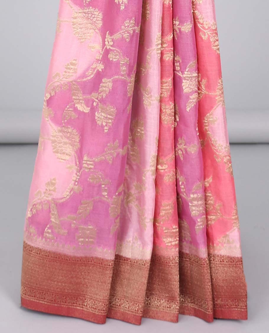 Pink rankat jacquard semi-banaras crepe saree, contrast traditional design border & pallu of intricate designs