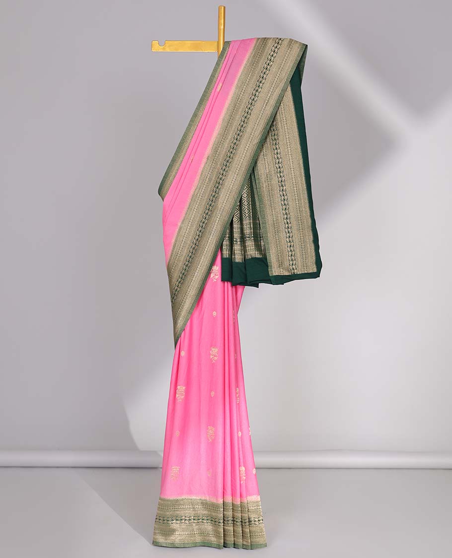 Pink zari buttas semi-banaras fancy tussar saree, contrast traditional design border & jaal pallu