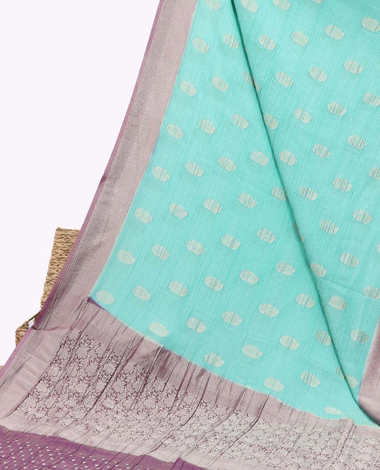 Turquoise crushed tissue saree with buttas, contrast traditional design border & intricate pallu