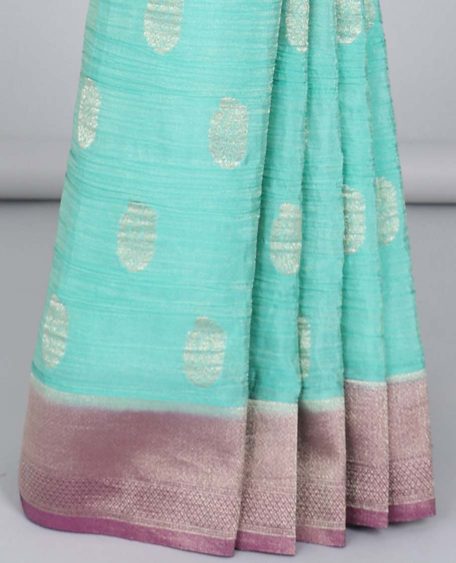 Turquoise crushed tissue saree with buttas, contrast traditional design border & intricate pallu