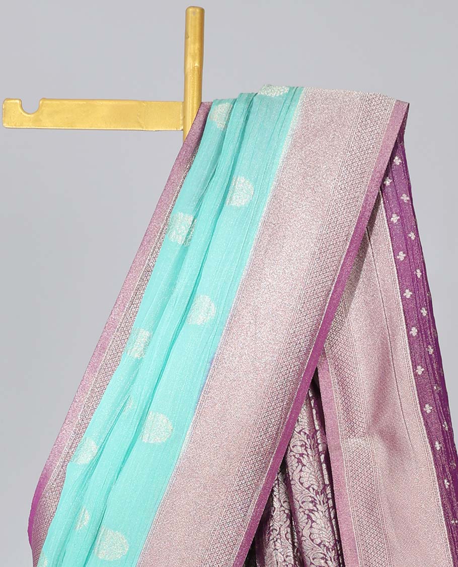 Turquoise crushed tissue saree with buttas, contrast traditional design border & intricate pallu