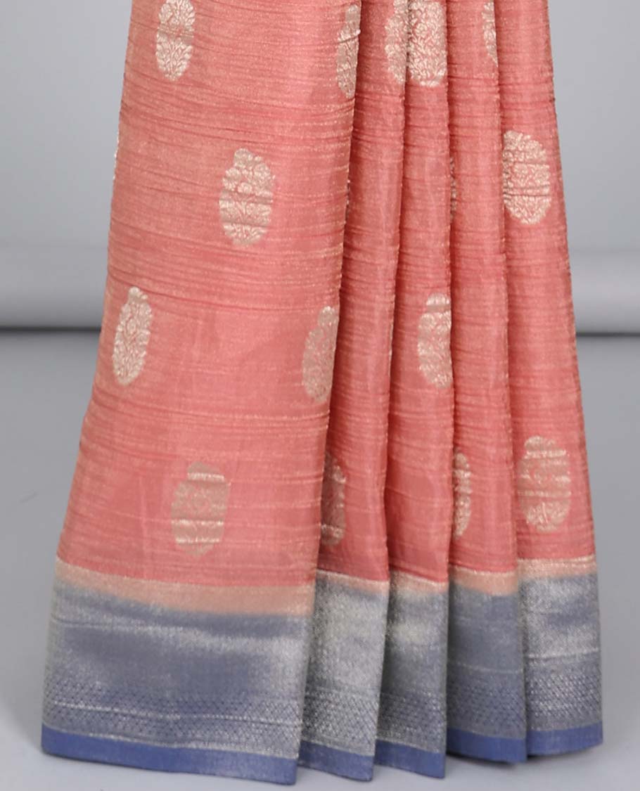 Peach crushed tissue saree with buttas, contrast traditional design border & intricate pallu