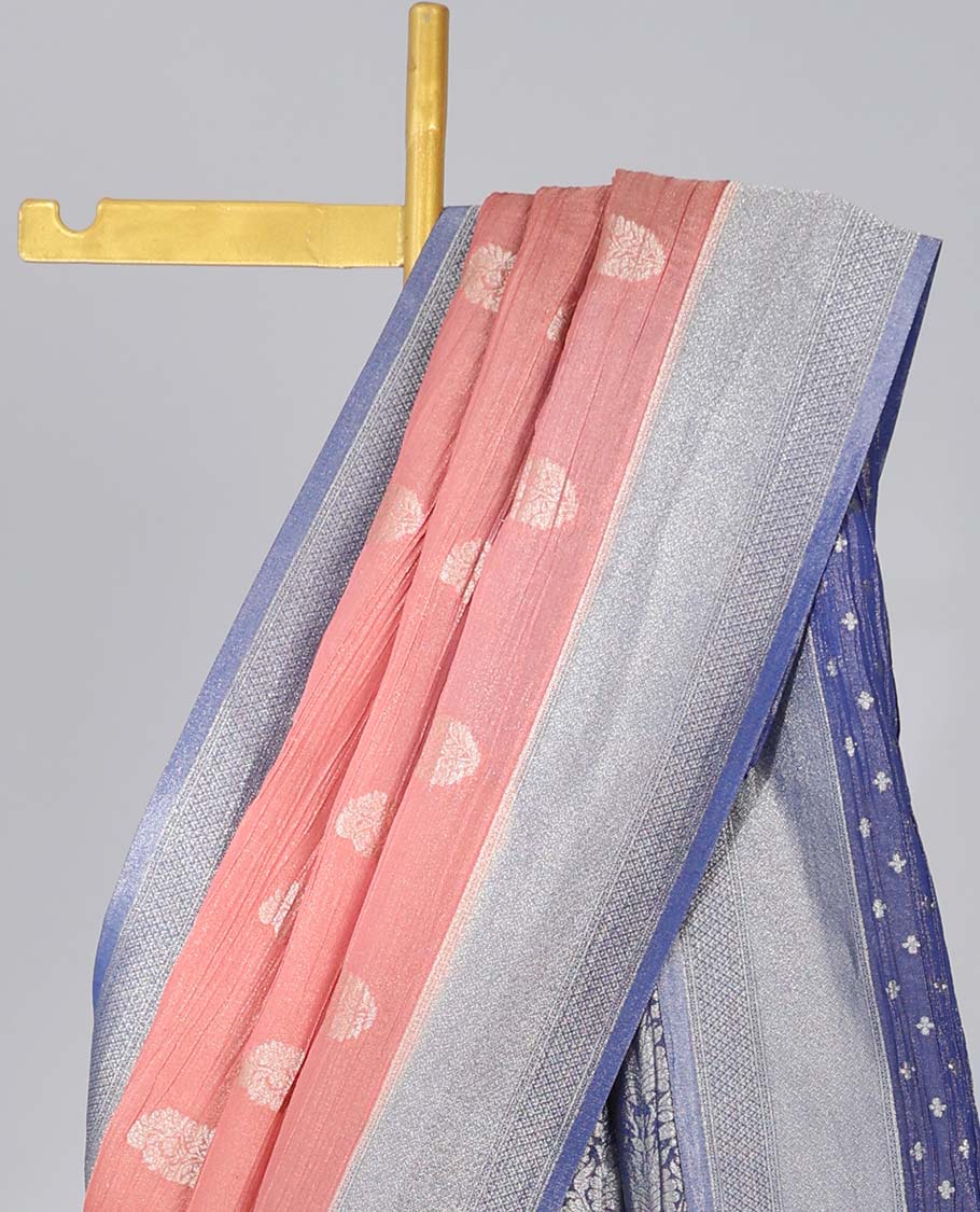 Peach crushed tissue saree with buttas, contrast traditional design border & intricate pallu
