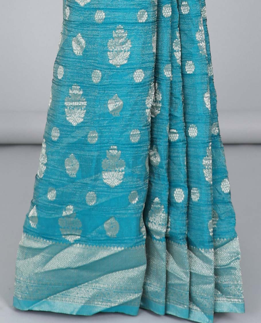 Blue crushed tissue saree with buttas, traditional design border & jaal pallu