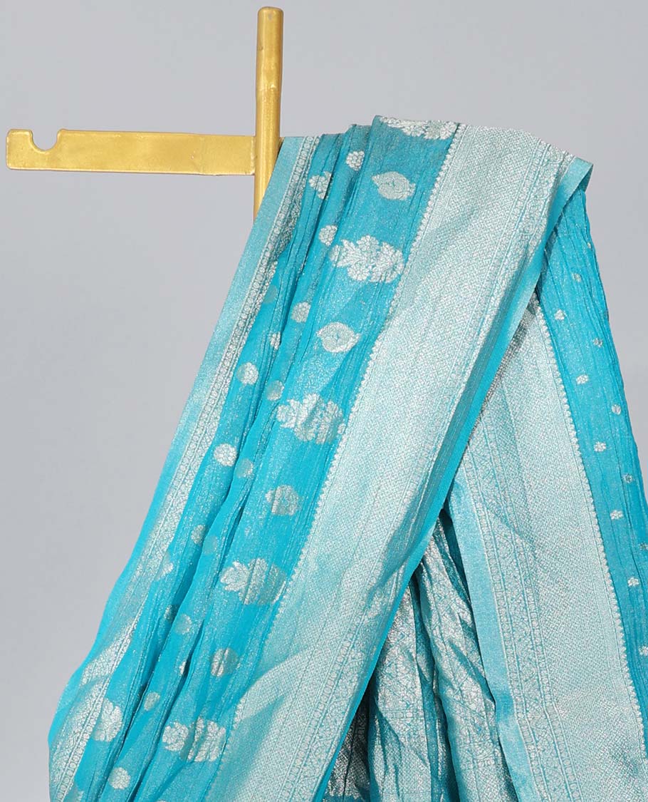 Blue crushed tissue saree with buttas, traditional design border & jaal pallu