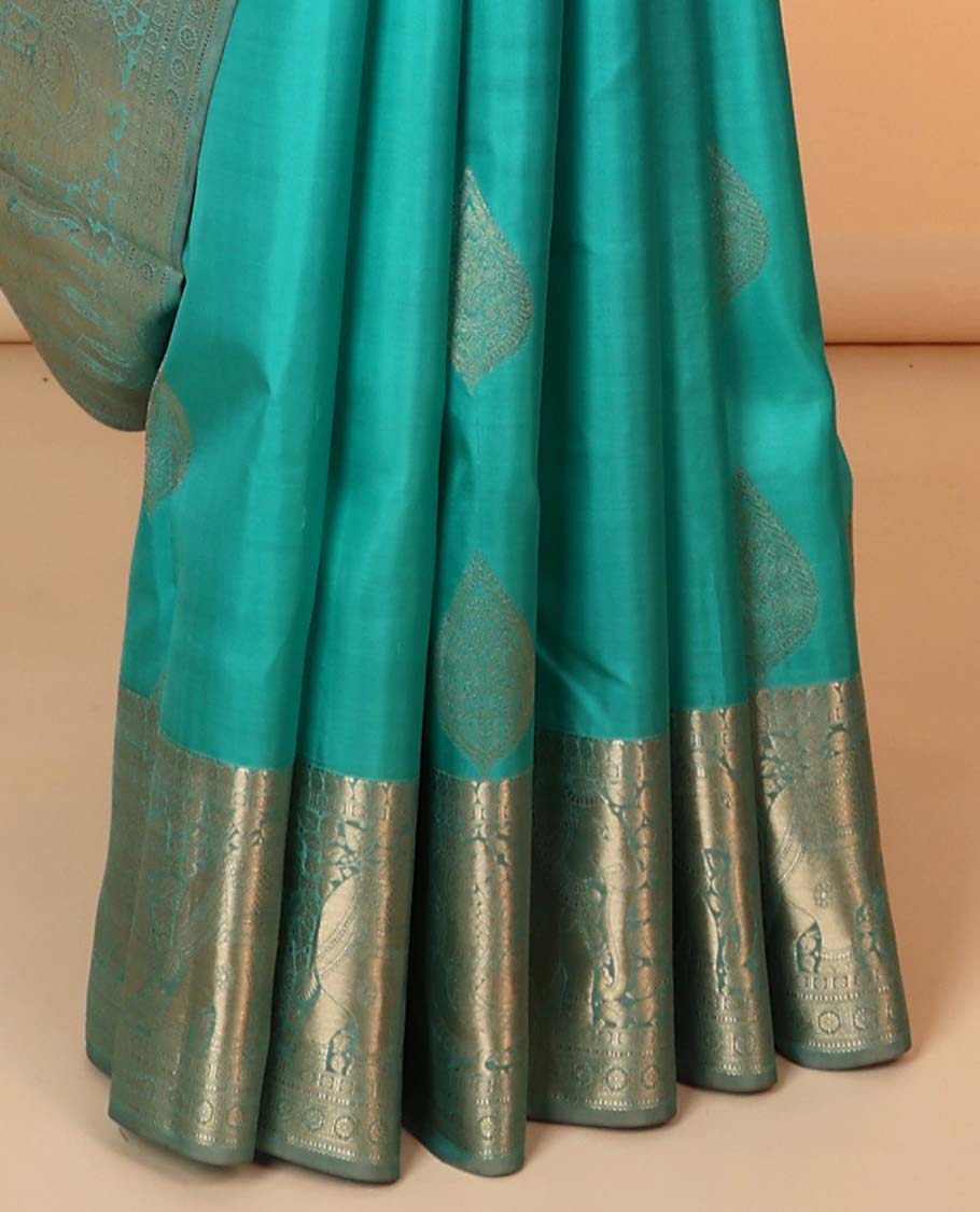 Blue zari buttas silk saree, zari border of manga,kamalam,muthu,mayil & yaanai & contrast intricate pallu