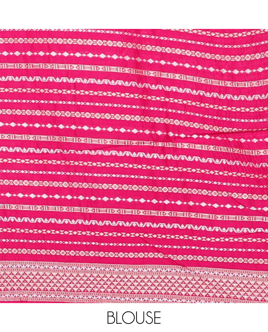 Pink mushru silk saree with floral stripes, pichwai cow steeped border & intricate pallu