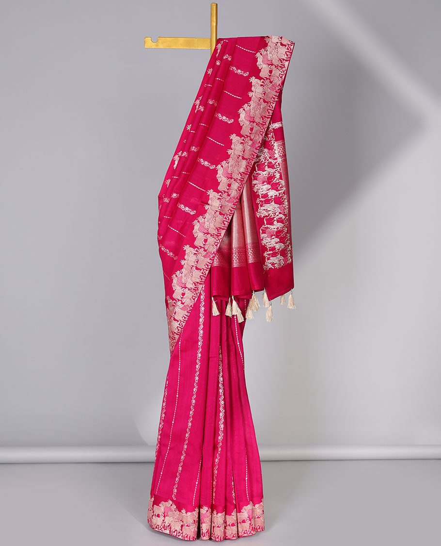 Pink mushru silk saree with floral stripes, pichwai cow steeped border & intricate pallu