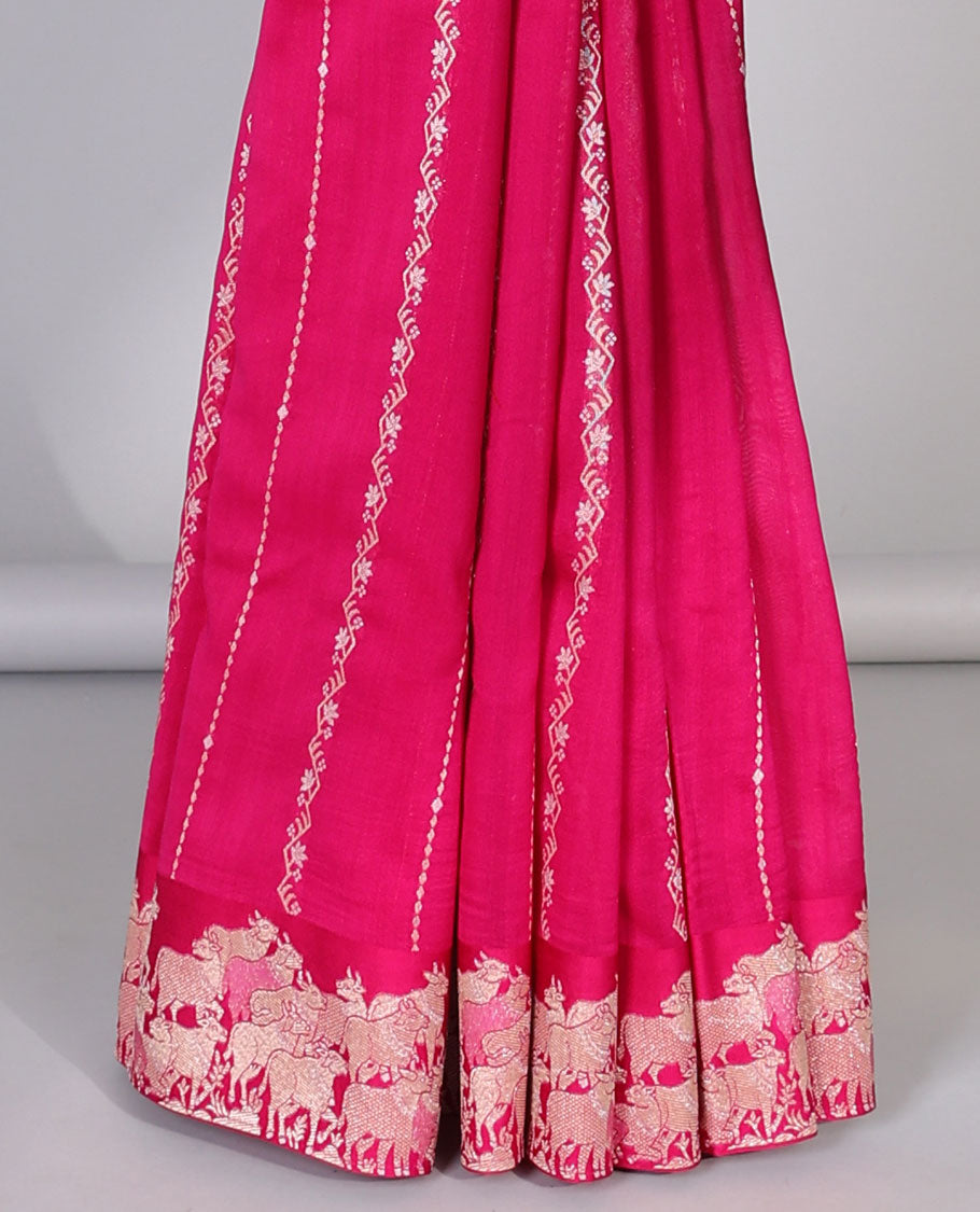 Pink mushru silk saree with floral stripes, pichwai cow steeped border & intricate pallu