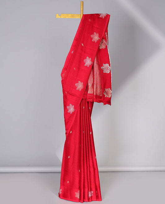 Red mushru silk saree with leaf buttas, flower design border & jaal pallu