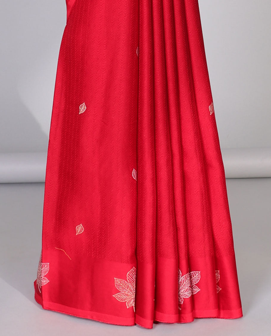 Red mushru silk saree with leaf buttas, flower design border & jaal pallu