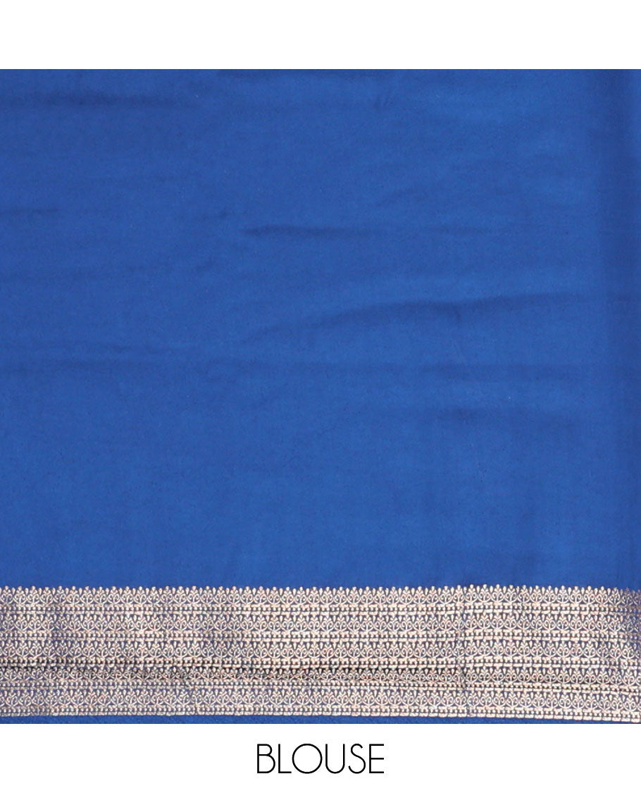 Blue mushru silk saree with buttas, floral design border & pallu of ogee pattern