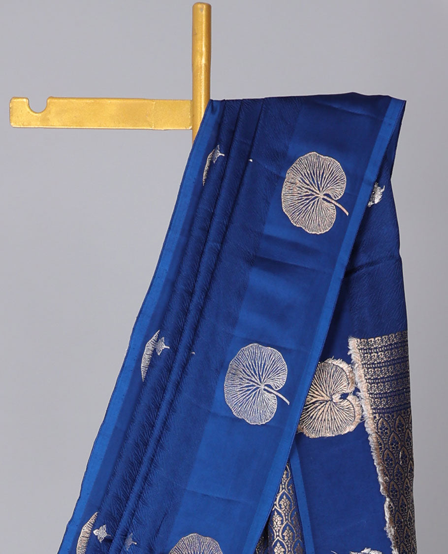 Blue mushru silk saree with buttas, floral design border & pallu of ogee pattern