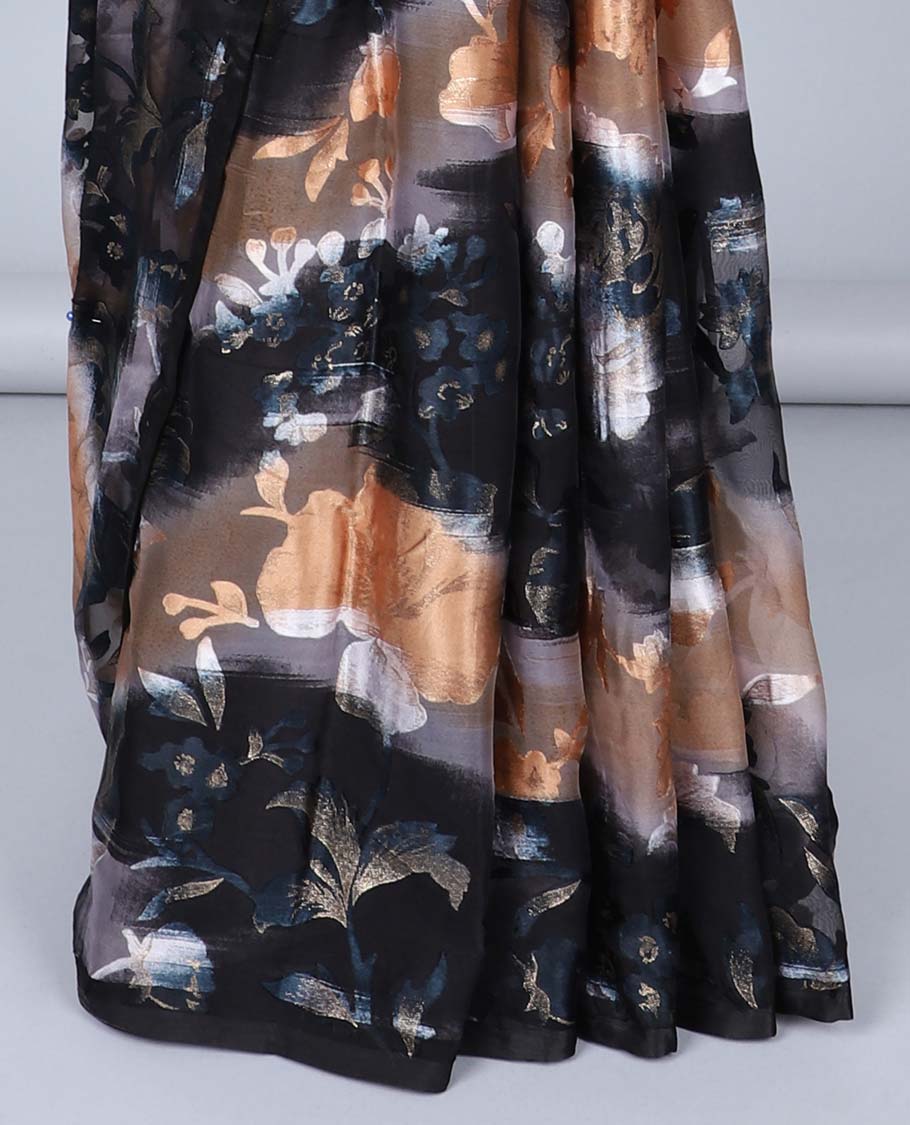 Borderless black abstract & floral printed casual wear saree